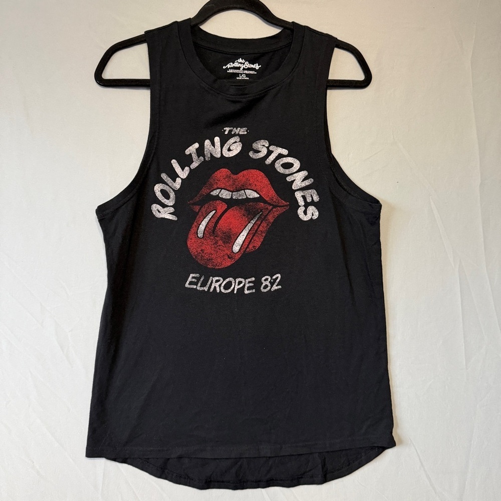 Rolling Stones Womens Europe 82 Rock Band Tank Top Size L Black Tongue Logo Punk